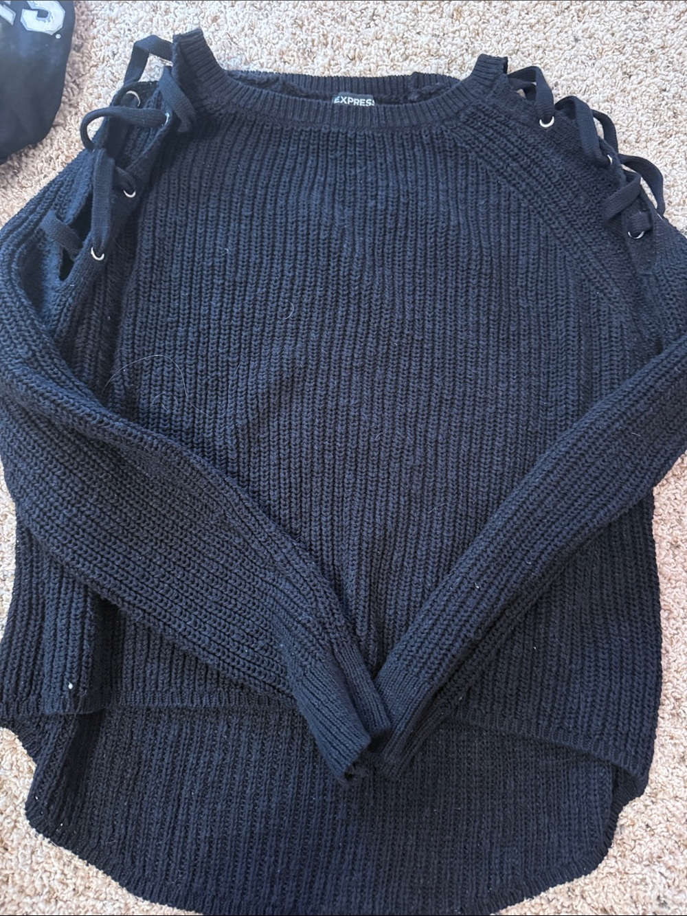 Express Black Lace-Up Shoulder Crew Neck Sweater